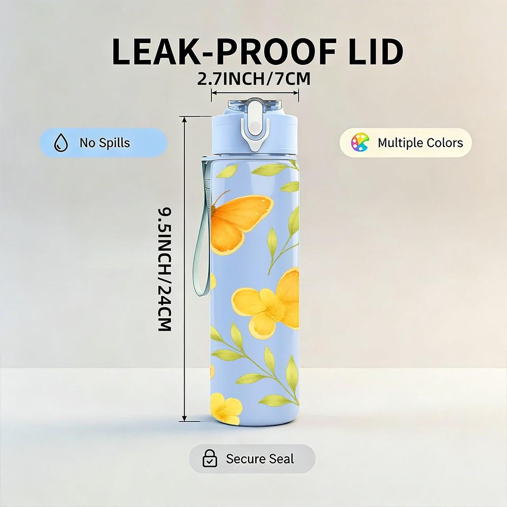 1PC Yellow Butterfly Floral Background Print 750ml Color Plastic Sports Water Bottle Leakproof Flip Straw Lid Suitable for Sports Office Home Use