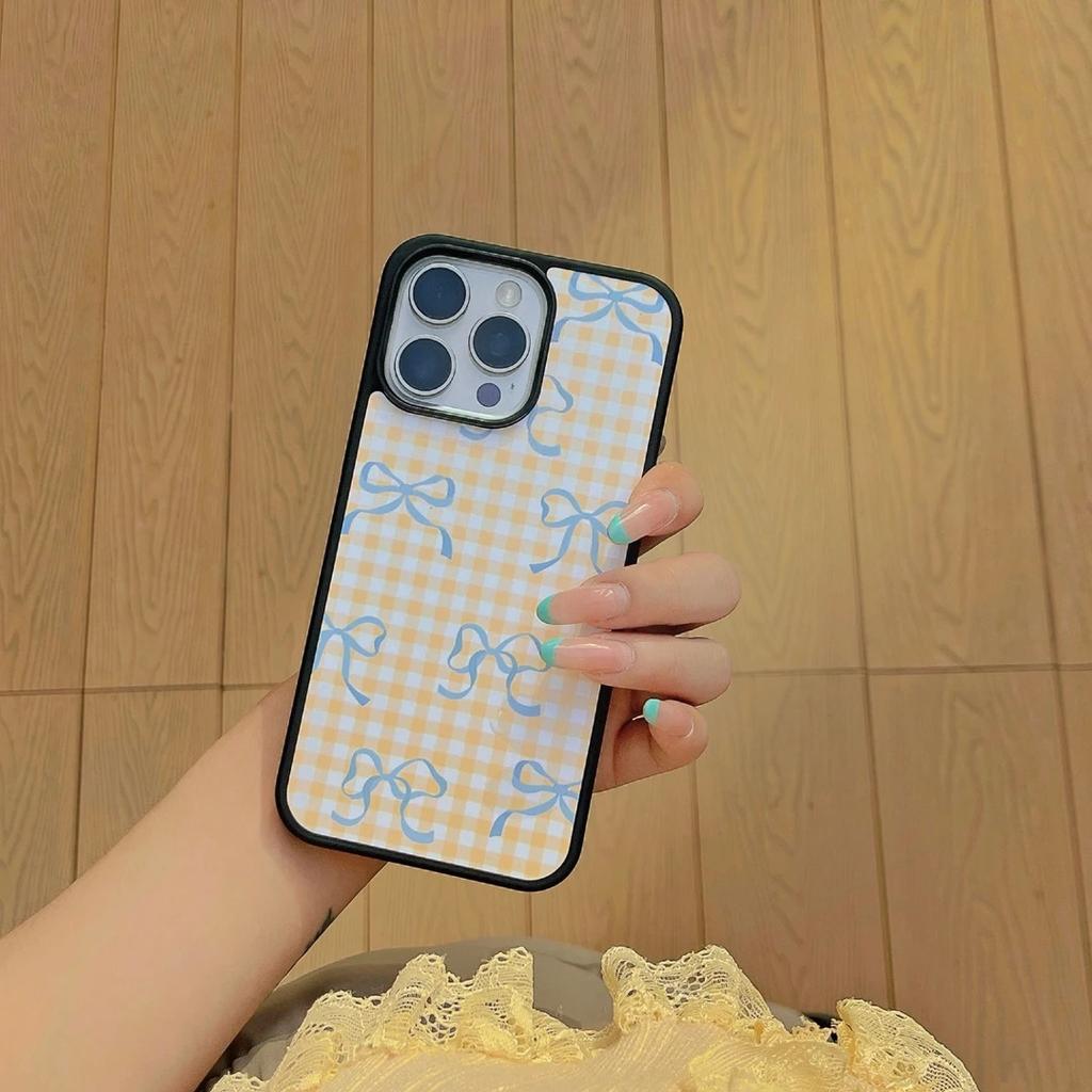 ins yellow plaid bow for iPhone17Pro mobile phone case 15 matte PC16 girl 13 large holes 14 hard