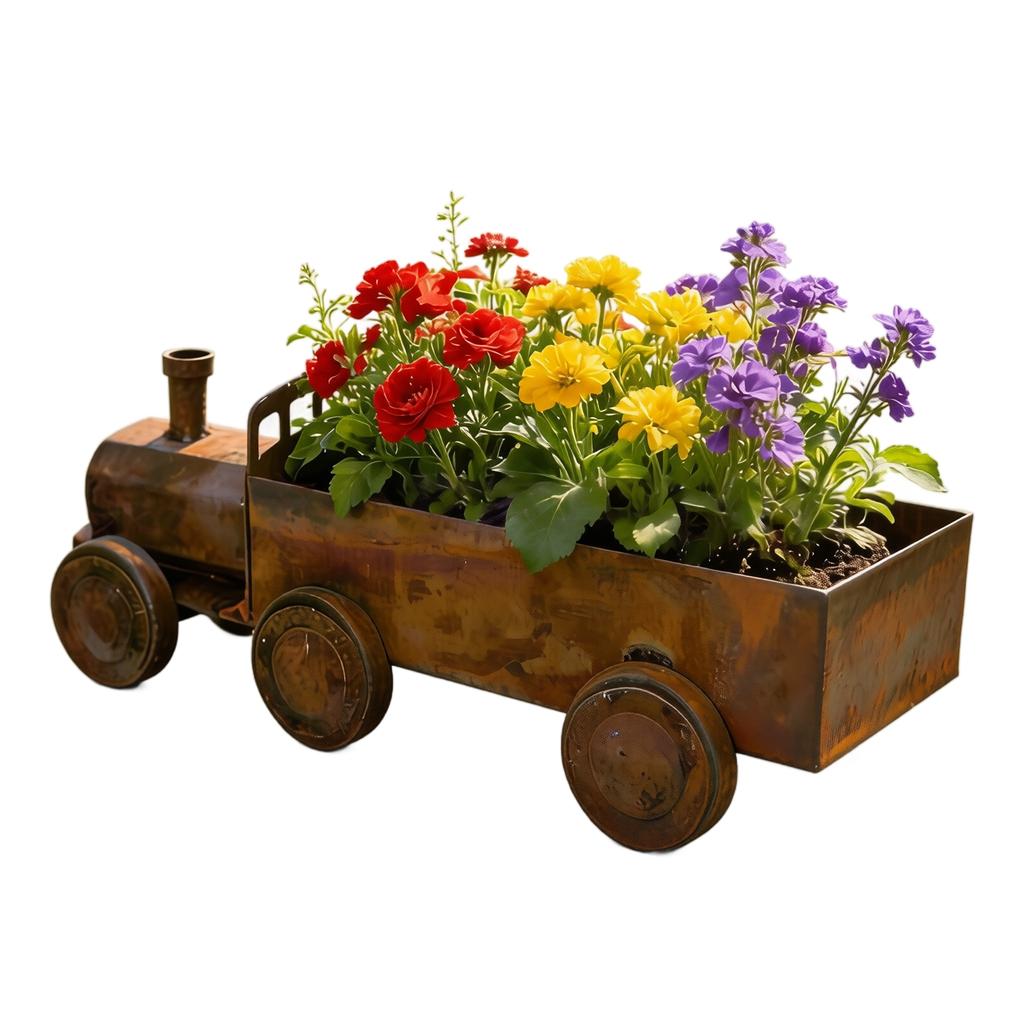 Rustikaler Dampflokomotivförmiger Metall-Pflanztopf Outdoor-Garten Dekorative Eisenkunst-Skulptur Blumentopf-Behälter für Hof Terrasse