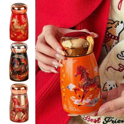 304 Edelstahl Pferd-Jahr Isolierbecher Auslaufsicher 230ml Thermoskanne Temperaturanzeige Chinesischer Stil Kaffeetasse