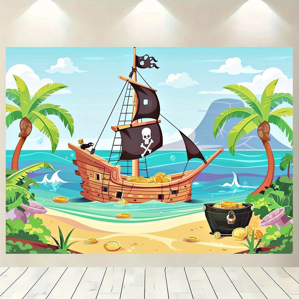 1 Cartoon Pirate Ship Background Banner - Suitable for Birthdays, Holidays, Parties, Multiple Sizes To Choose from