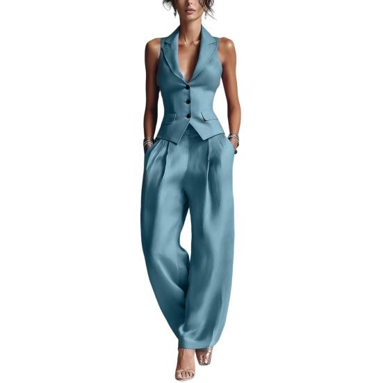 Damen Sommer 2-teilige Business Work Outfits, Ärmellose Hemdweste und Weite Hosen Passendes Set