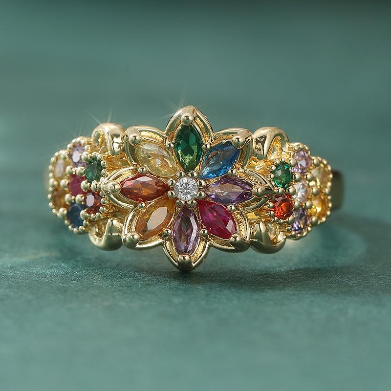 Classic Inlaid Multicolored CZ Women's Ring Trendy Gold Color Geometry Daily Wear Party Jewelry Anniversary Gift