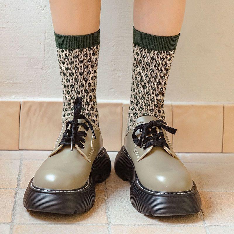 5 Pairs Socks Women's Medium Tube Socks Autumn and Winter Double Needles Ins Trendy Versatile Pure Cotton Retro Cute Green Stockings Stacking Socks