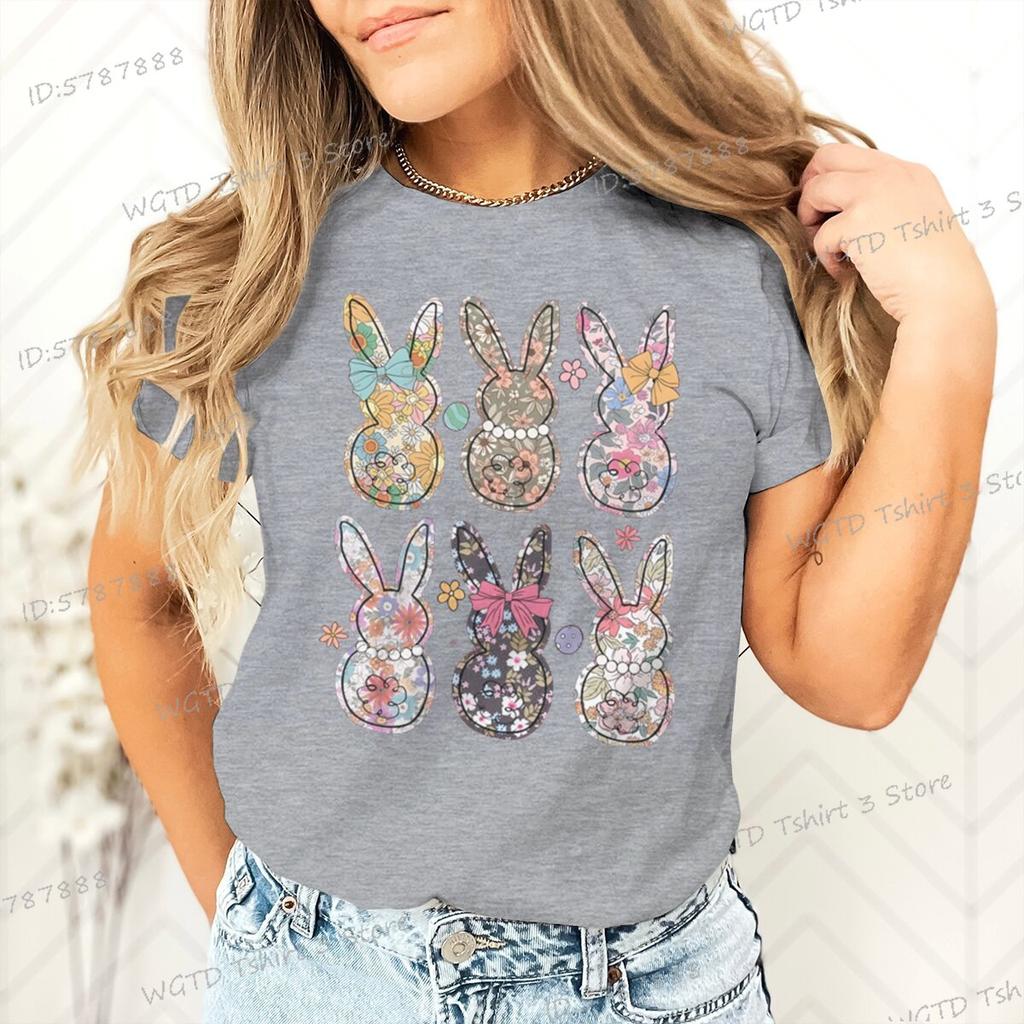 Retro Easter Bunny Floral Design Women Tshirt Graphic Gift for Easter Day Classic Tops Tees Flower Abbit Bunny Vintage T Shirts