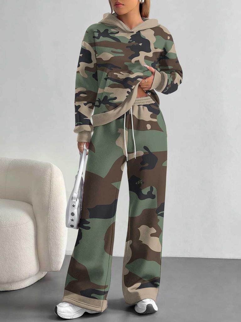 Color Graffiti European and American Autumn and Winter Casual Long-sleeved Suit Women's Hooded Sweater Trousers Two-piece Set