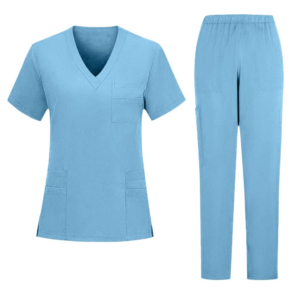 Unisex V Neck Scrub Set Short Sleeve Top and Elastic Waist Pants Two Piece Uniform for Medical Professionals