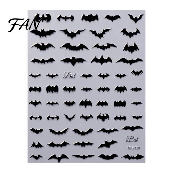 Long Lasting Nail Manicure Sets Halloween Art Stickers, 3D Embossed Skeleton Hand Pumpkin Bat Party Decorations Black Decals, Self-Adhesive