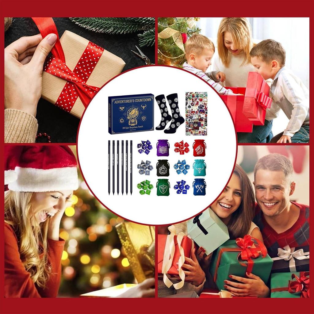 Christmas Dice Advent Calendar 2025, 24 Days Countdown Calendar Christmas Pencil Stickers Socks Necklaces