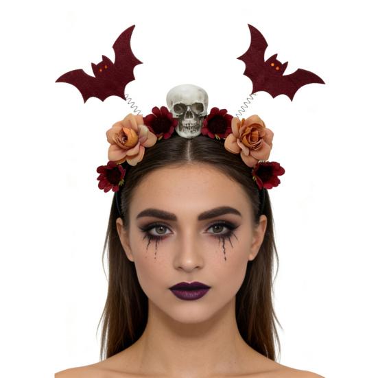 Decorative Cloth Headbands for Events Halloween Flower Skeleton Bat Headband, Gothic Floral Skull Hair Bands, Spooky Stylish Bands Accessory,