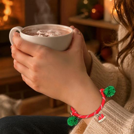 Charming Christmas Stocking Stuffer Bracelets, Red Green String Bracelet, Adjustable Rope Bracelet with Holiday Party Jewelry Charm And Tinsel