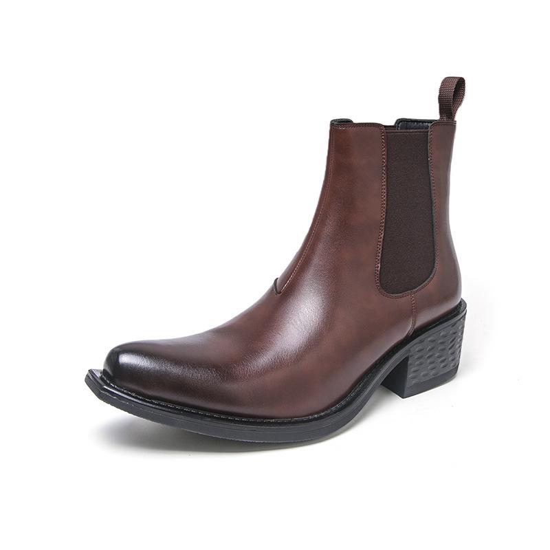 Men's Large Size Pointed Toe Leather Chelsea Boots with Thick Soles and High Heels - British Style Height Increasing Short Boots.