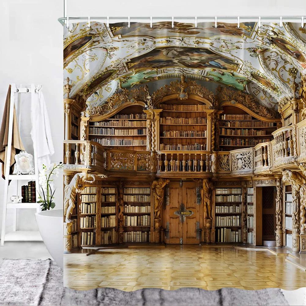 3D Library Shower Curtain, Vintage Bookshelf Books Gothic Magic Polyester Printed Fabric Bathroom Decorative Bathtub Accessories