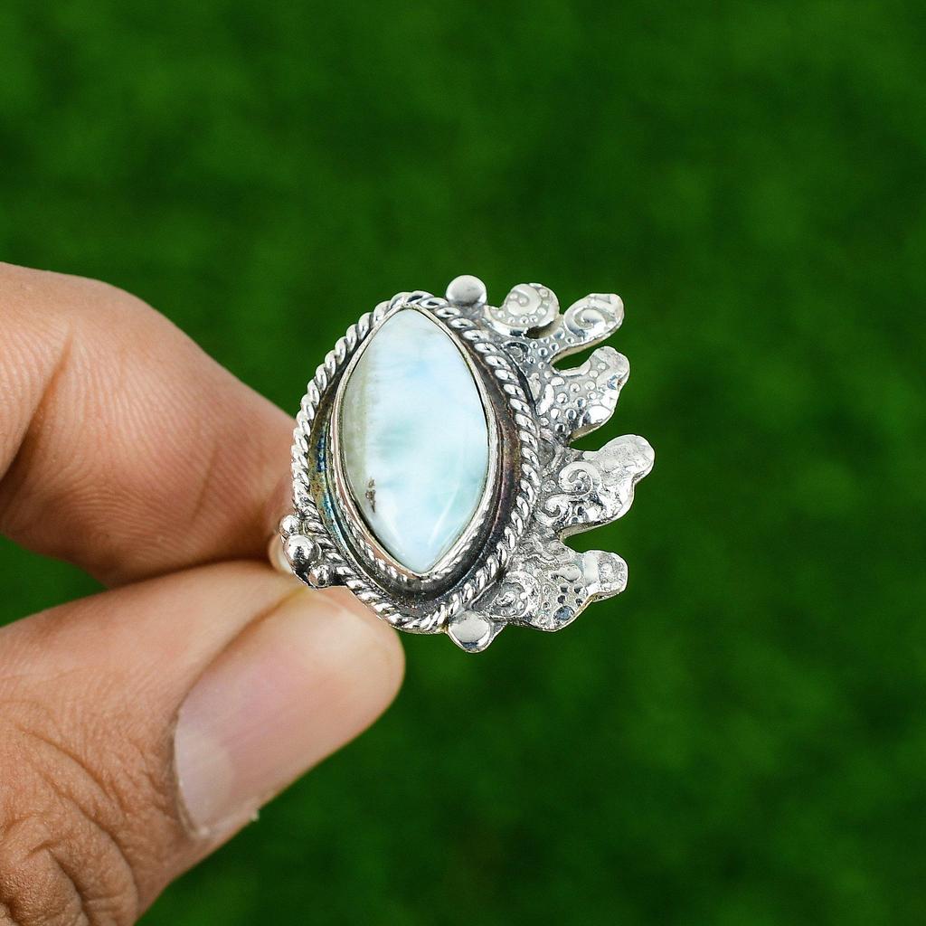 Birthday Gift For Her Natural Larimar Multi Stone Adjustable Ring 925 Silver