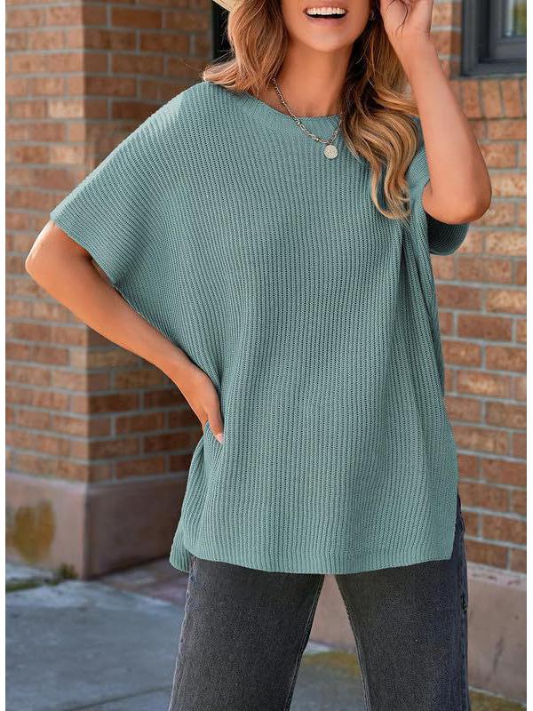 

Женская летняя однотонная трикотажная футболка-пуловер с круглым вырезом - Европейский и американский повседневный свободный крой, спущенное плечо, топ с коротким рукавом 3XL