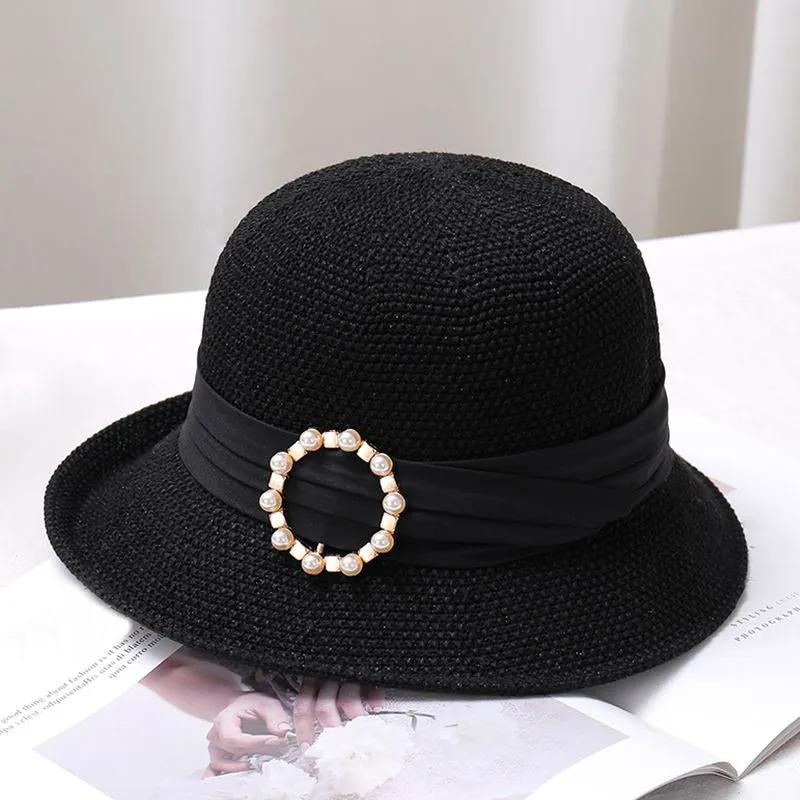 WTEMPO Spring Summer Solid Color Casual Versatile Breathable Kniited Hats Women's Wide Brim Retro Elegant Metal Buckle Perals Sun Hats