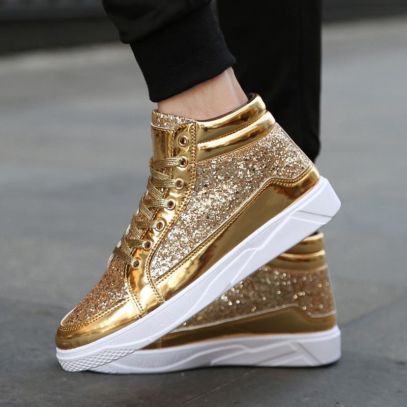 Mode 2025 Mode Herr Höga Sneakers Manliga Ankelstövlar Guld Lyx Glitter Skor Streetwear Hip Hop Casual Stövlar Chaussures Vår