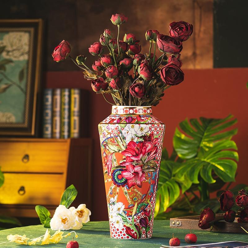 Flowering vase ceramic home ornament living room flower arrangement high value retro new home vase large Chinese style