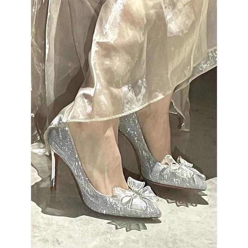 Silver Rhinestone Crystal Shoes Wedding Shoes Bridesmaid High Heels Stiletto Pointed Head Temperament Fairy Bow Single Shoes