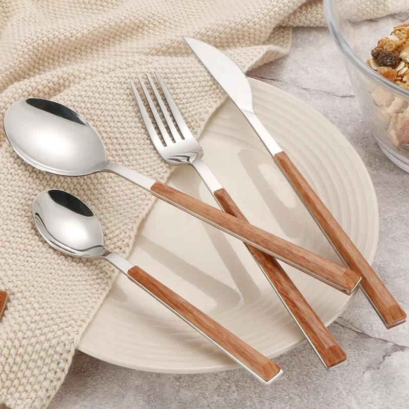 Glossy Silver Wooden Western Food Knife Fork Teaspoon Cutleries 304 Stainless Steel Dinnerware Sets 4Pcs