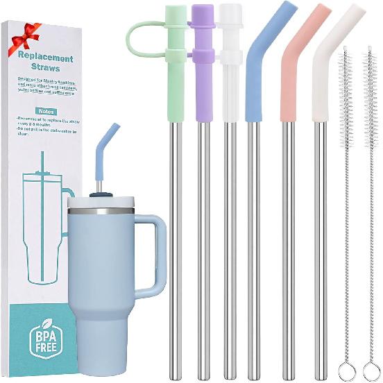 6 Plastic Straws Reble for Stanley Tumbler 30 Oz 40 Oz, 12 Inch Straight Replacement Straw with 6 Colorful Straw Covers, 2 Cleaning Brushes for