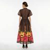 French Vintage Flower Maxi Dress Women Puff Sleeve V-Neck Elegant Floral Print High Waist Sashes A-Line Summer Beach Long Maxi Dresses