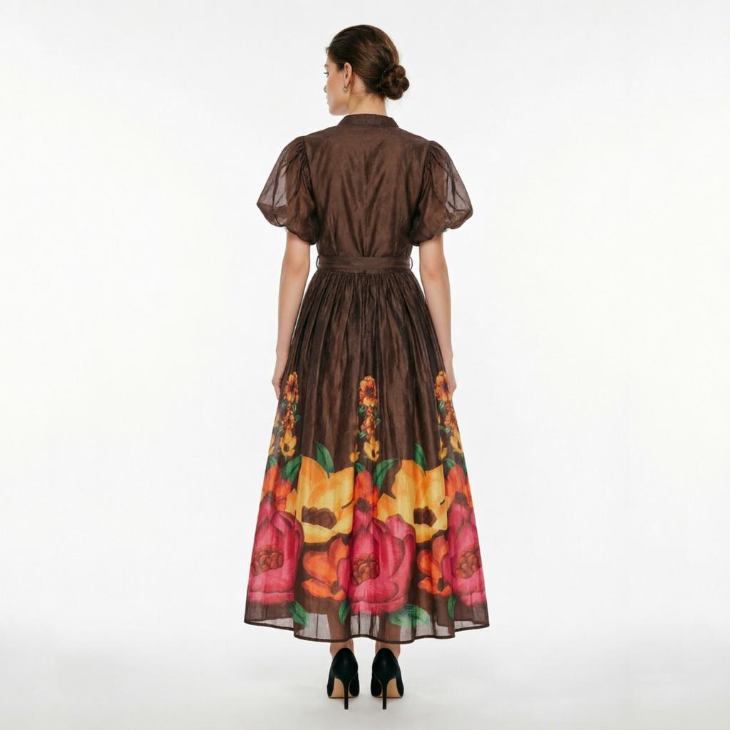 French Vintage Flower Maxi Dress Women Puff Sleeve V-Neck Elegant Floral Print High Waist Sashes A-Line Summer Beach Long Maxi Dresses