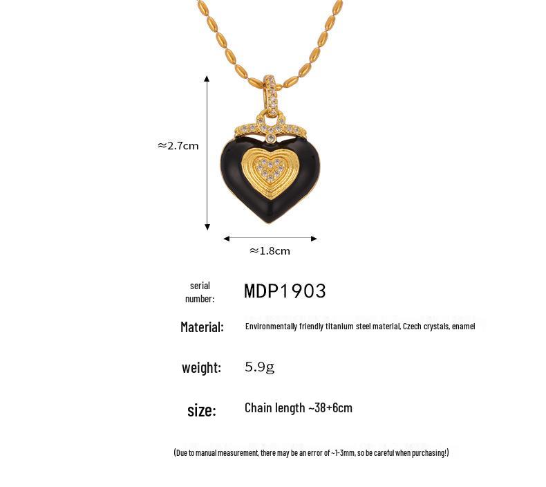 Heart-Shaped Enamel Pendant Necklace with Diamond Inlay, Rice Bead Chain, Titanium Steel, Gold Clavicle Chain, Women's Simple Fashion.