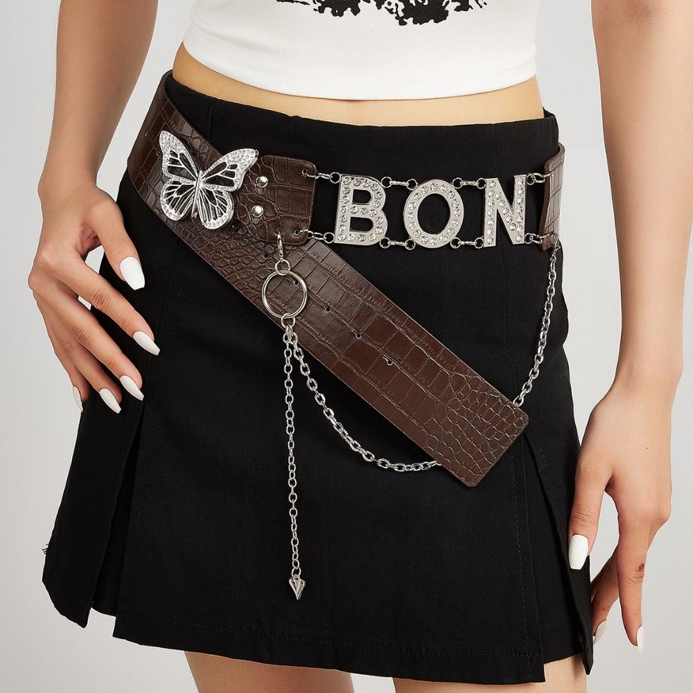 Y2K Rhinestone Belts PU Leather Waistband Simple Butterfly Waist Chain  Skirt Accessories