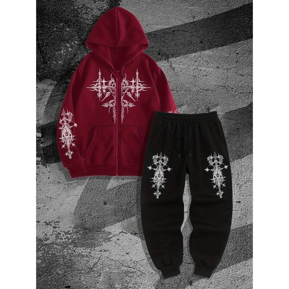 

Street Style Cool Men s Essential Set, Gothic Dark Printed Men s Zipper Hooded Sweatshirt and Jogging Pants Two Piece Set S красный