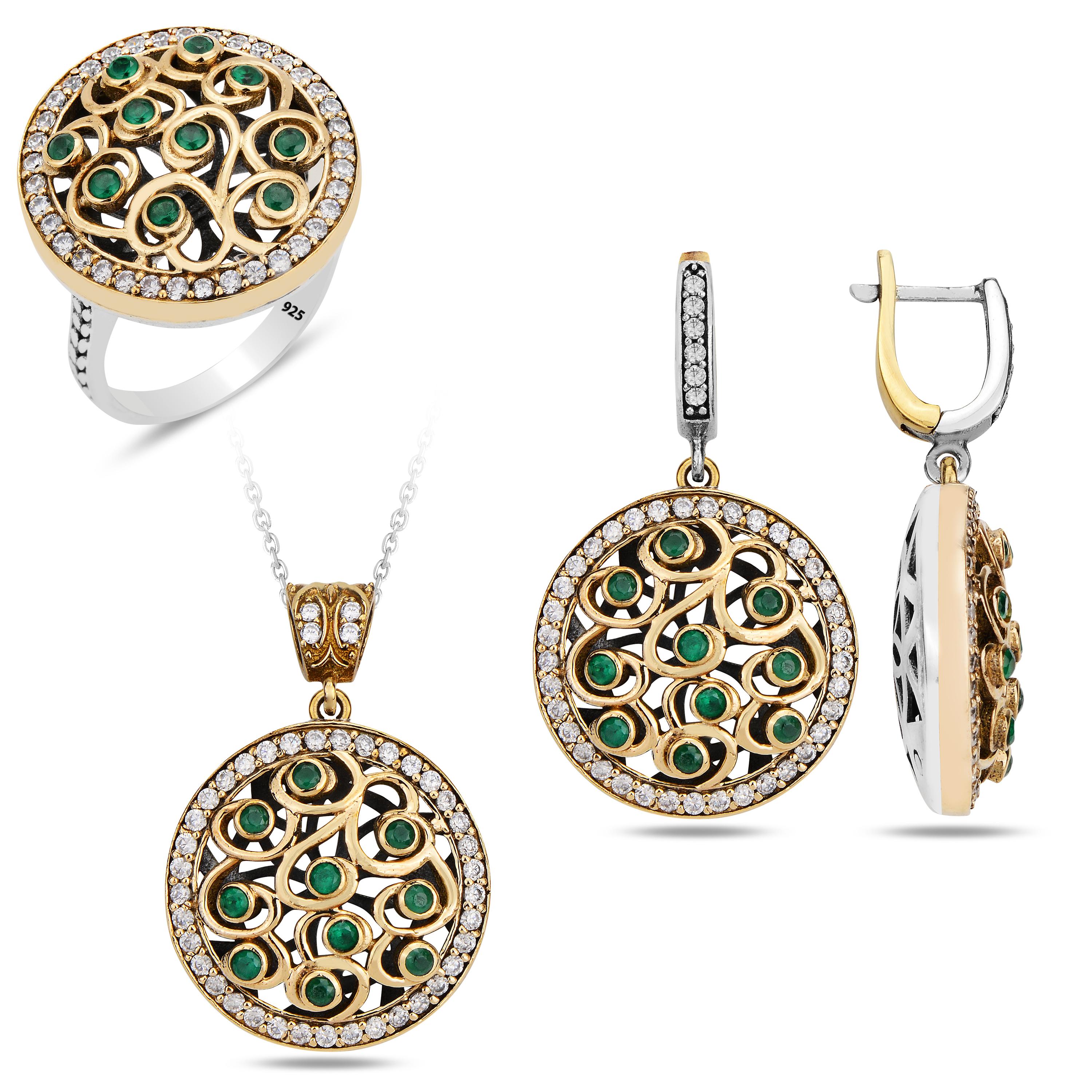 

Комплект украшений из изумруда с османской вышивкой, серебряное ожерелье с изумрудным камнем, кольцо, серьги, уникальные украшения в винтажном стиле для женщин