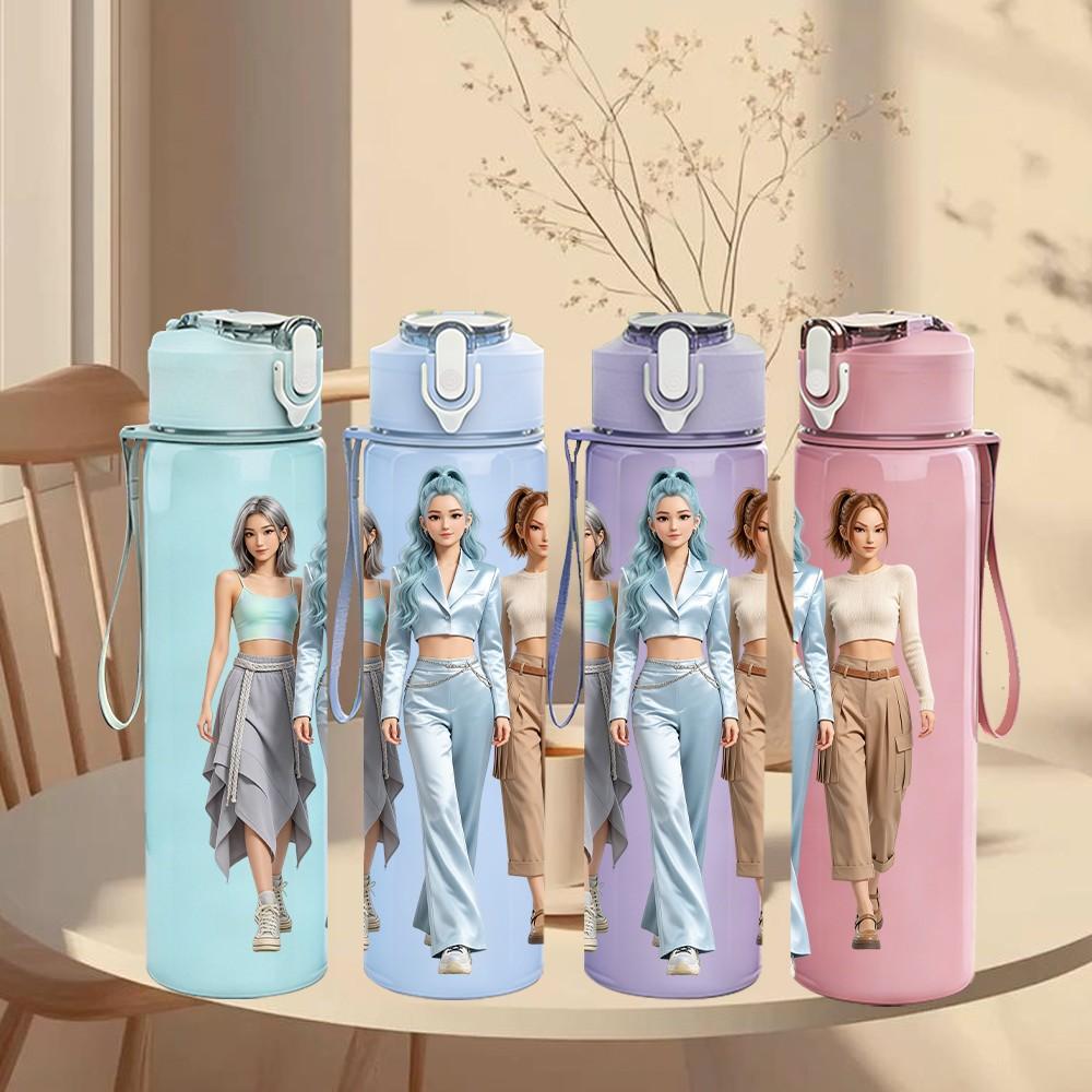 1PC Two Casual Ladies Walking 750ml Color Plastic Sports Water Bottle Leakproof Flip Straw Lid Suitable for Sports Office Home Use
