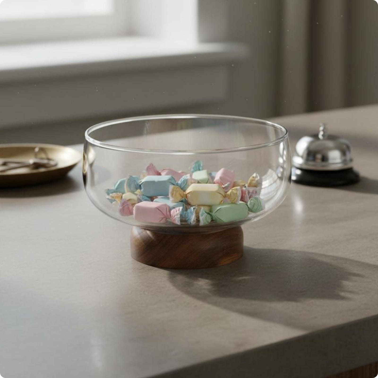 Glass Fruit Bowl Wood Base Pedestal Decorative Candy Dish for Coffee Table, 182 S Fruit Plate