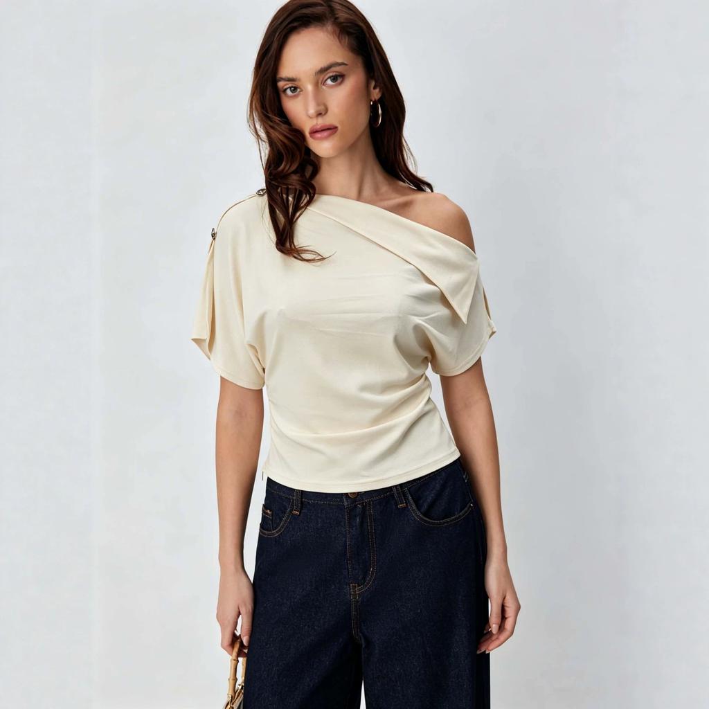 Women's off-shoulder slanted shoulder top waist and thin short sleeves gentle style temperament niche design T-shirt