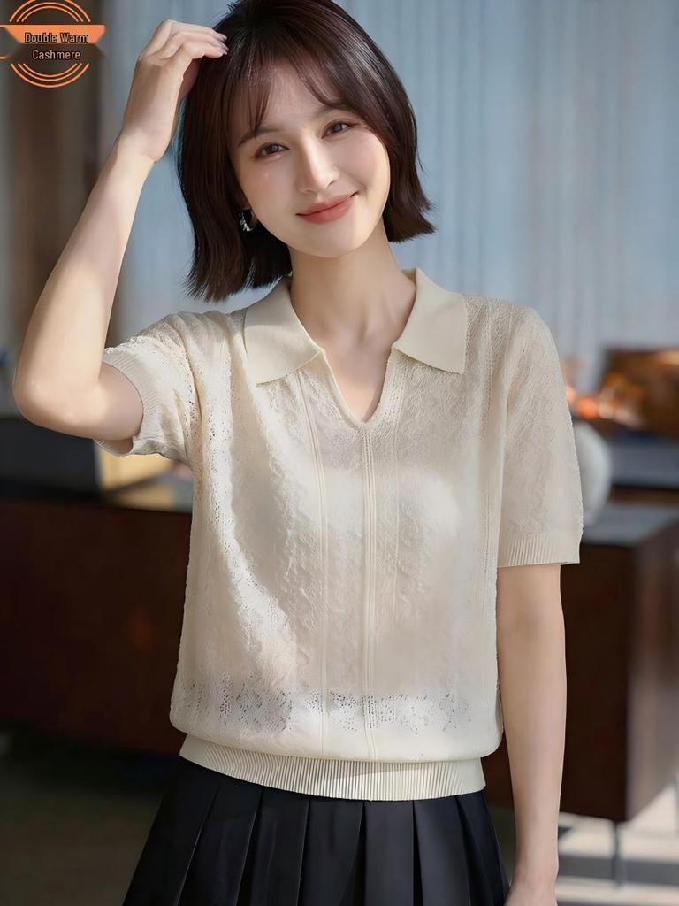 Women's Summer Short Sleeve Slimming Wool Knit Polo 