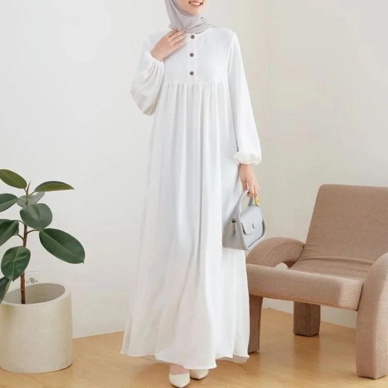 

Women s Spring/Summer Loose-Fit Muslim Robe Dress with Puff Sleeves and Wooden Buttons 3XL
