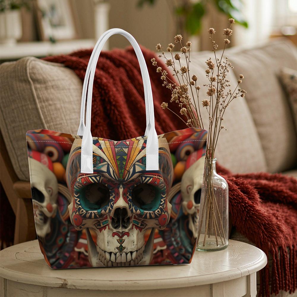 Vintage Skull Pattern Tote Bag for Daily Shopping Portable Large Capacity Shoulder Bag for Outings Unique Fashionable Carryall Purse