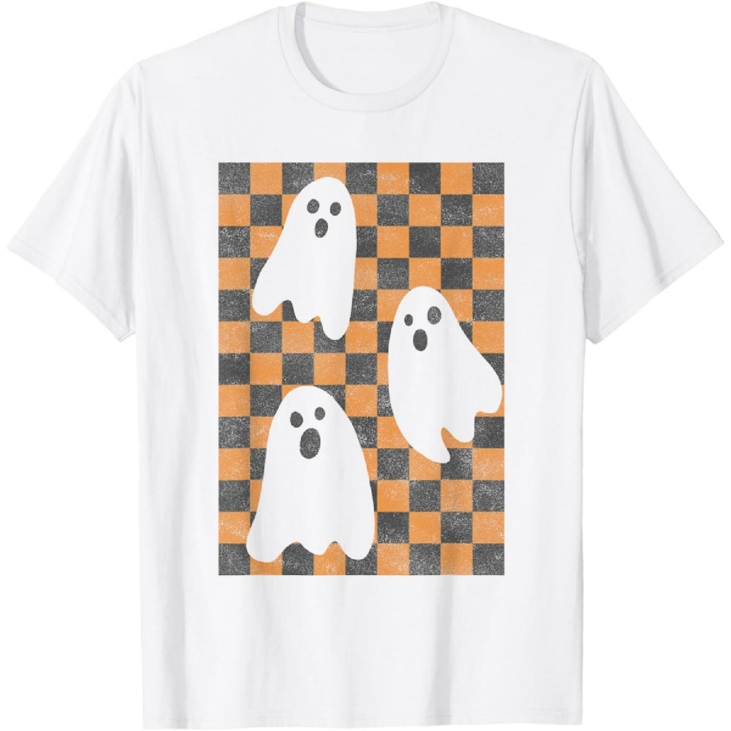 Halloween Ghosts Spooky Season Checker Board Distressed T-Shirt S