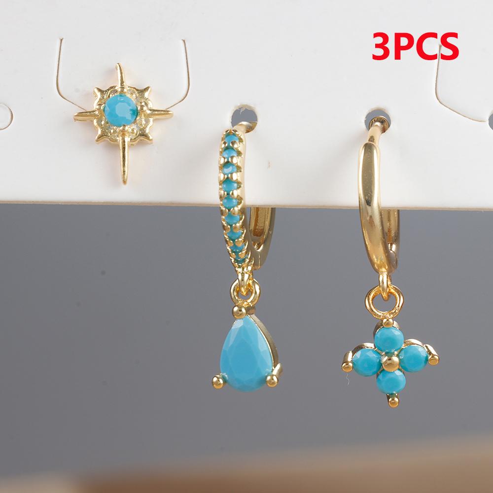 3PCS Stainless Steel Cubic Zirconia Water Drop Hoop Earrings Set For Women Simple Huggies Blue Star Cartilage Piercing Jewelry
