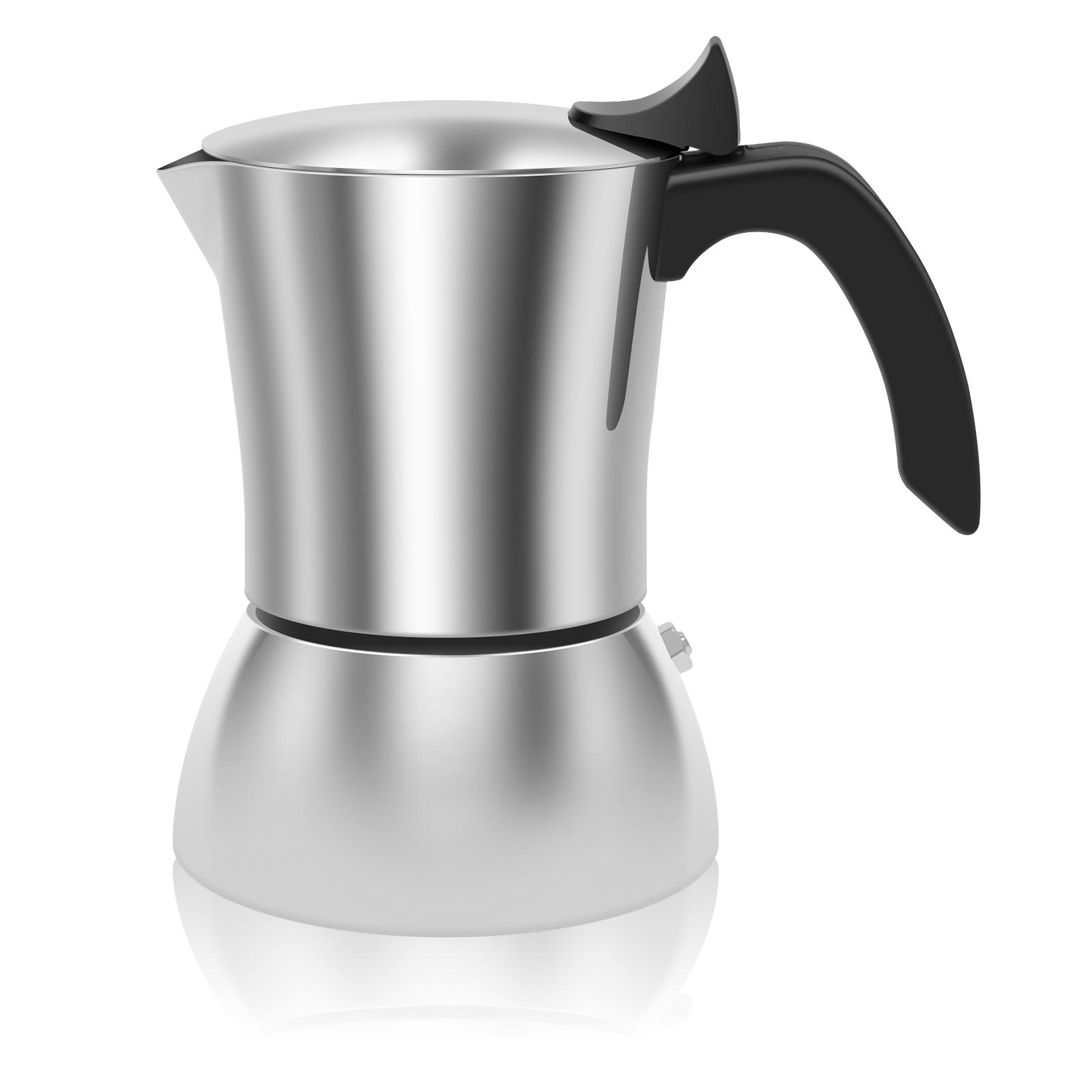 200 мл Кофеварка эспрессо из нержавеющей стали для плиты, 4-чашечная мока-кофеварка, равномерный нагрев, индукционная кофеварка, полированная кофеварка для плиты