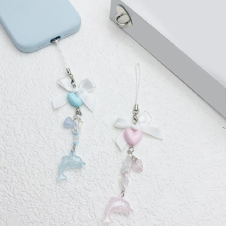 Playful Dolphin Love Bowknot Phone Strap Elegant Dolphin Bowknot Heart Phone Strap Resin Key Rings Charm Camera Pendant