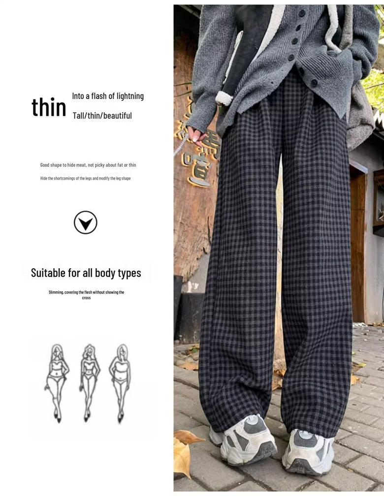 Women's High-Waisted Black and Gray Retro Plaid Wide-Leg Pants - Autumn/Winter 2024 Korean Style Slimming Casual Wear