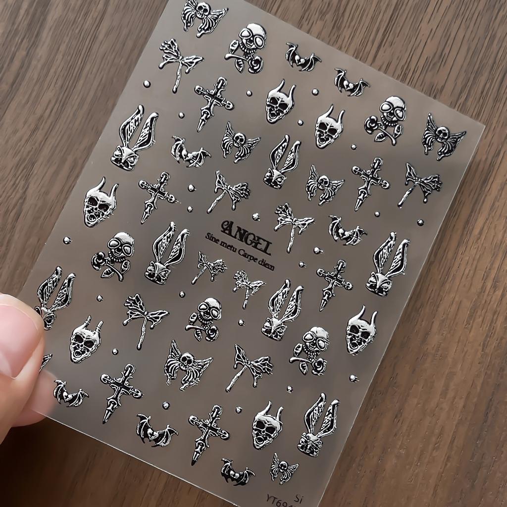 Dark Gothic Punk Style Skulls, Demon Bunny Ears, Bats, Dragonflies, Skull Butterflies, Gold and Silver 3D Embossed Nail Stickers