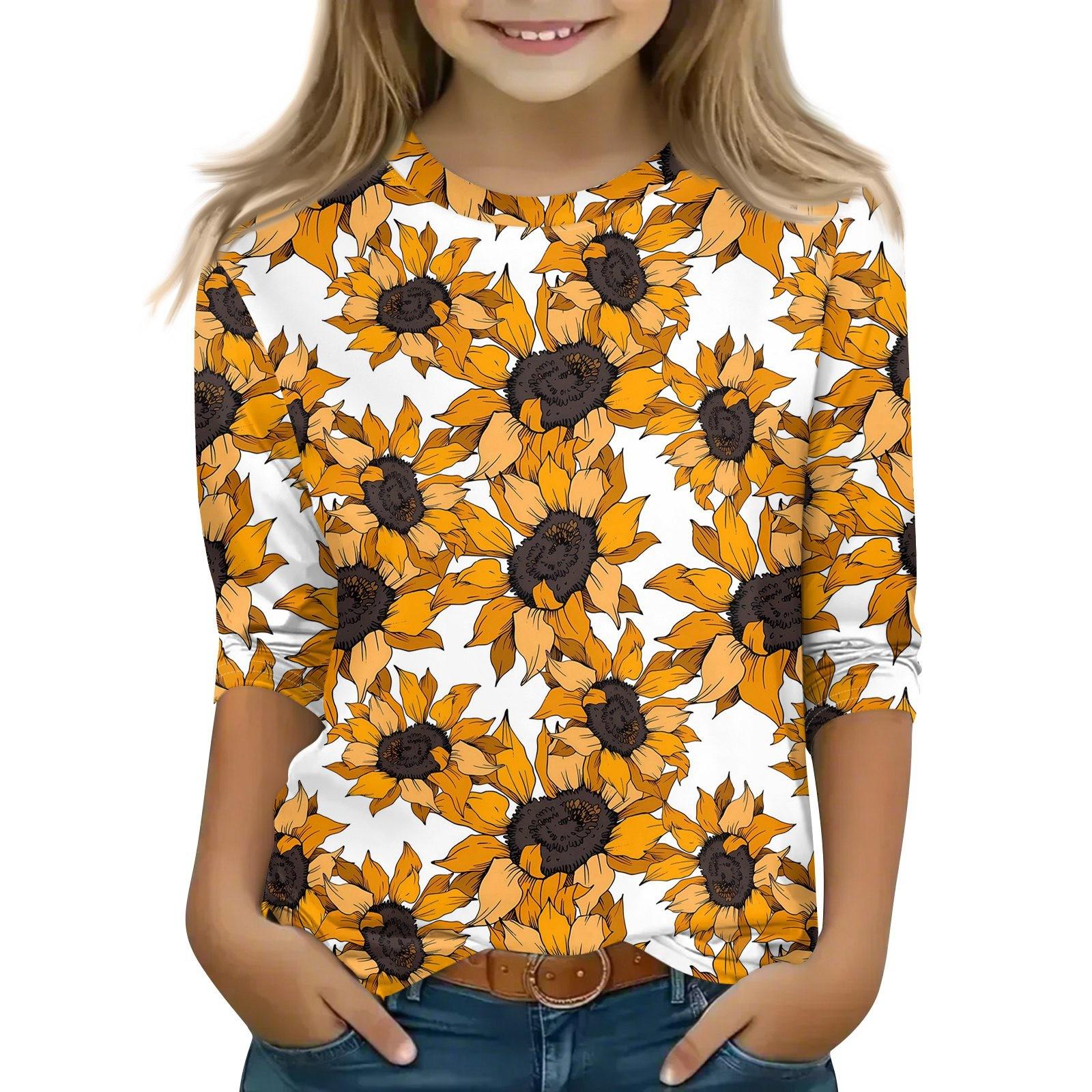 

Детская футболка с рукавом 3/4, повседневная футболка с принтом, круглый вырез, блузка-пуловер 160 шафрановый