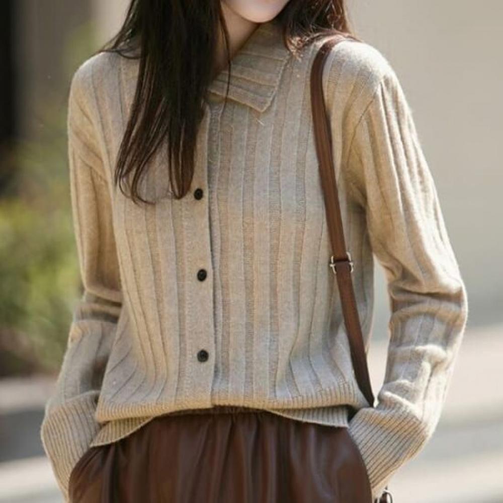 Navava Women Soft Ribbed Plain Basic Collar Long Sleeve Knit Cardigan Nk3342