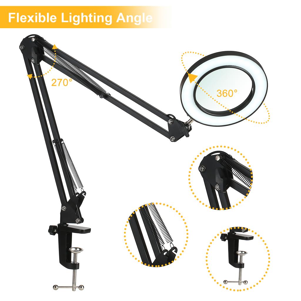 Flexible Klemme auf Tischlampe mit 8x Lupe Schwenkarm Dimmbare LEDs Schreibtischleuchte 3 Farbmodi & 10 Helligkeitsstufen