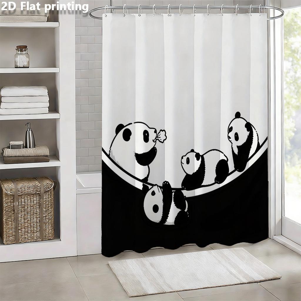 Panda Family Shower Curtain 1Pc Polyester 2D Flat Print 70.8X70.8" Black White Illustration Grommet Top