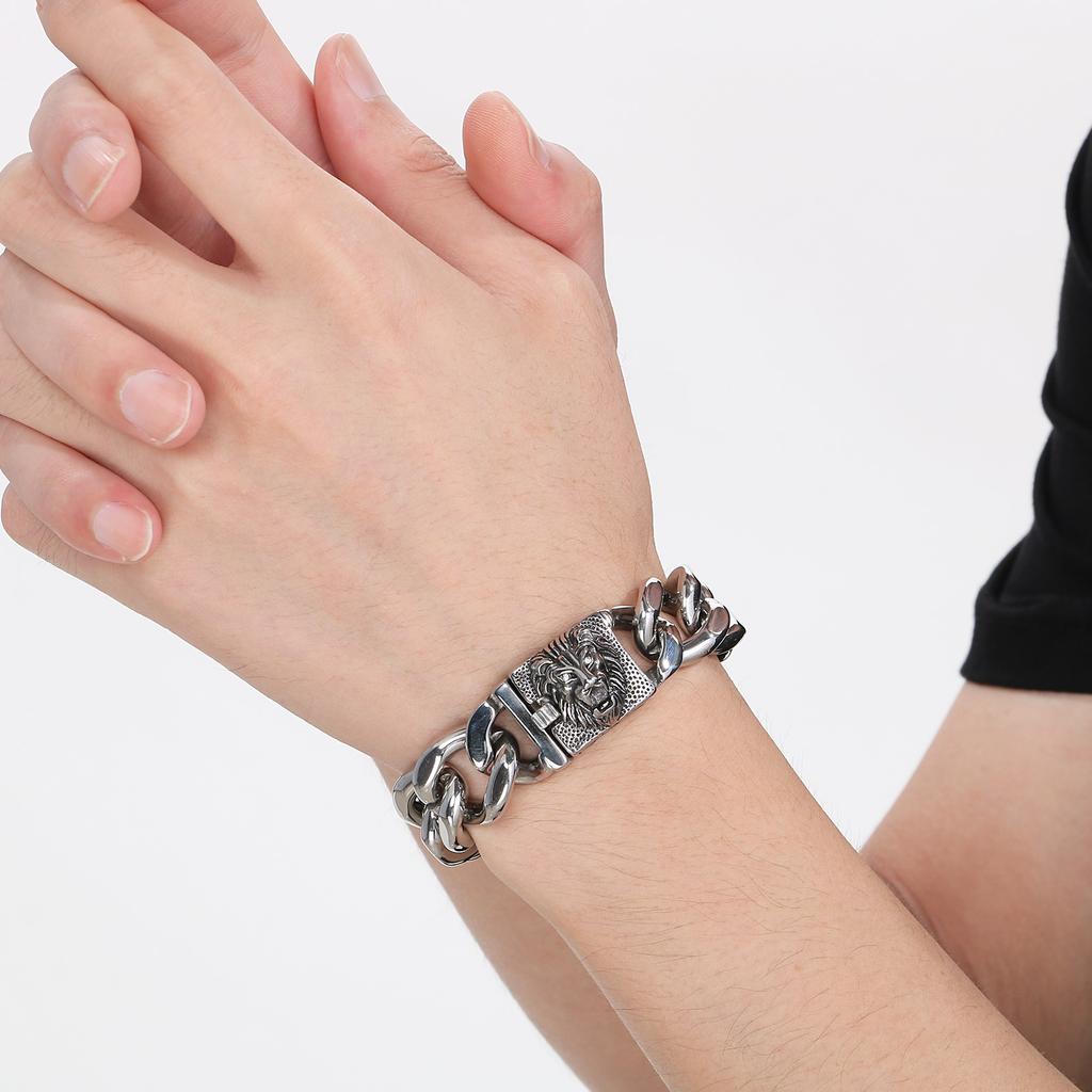 Stainless Steel Lion Charm Bracelet Men With Shiny Curb Chain Jewelry for Male Street Rock Jewelry