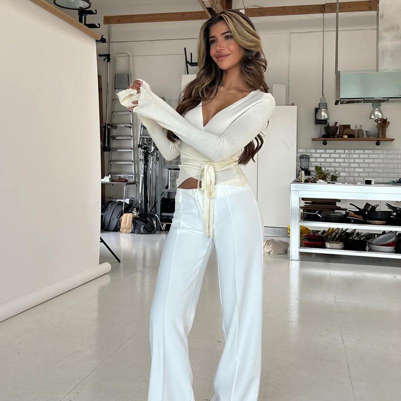 Autumn 2025 V-Neck Bell Sleeve Tie-Up Casual Top for Women