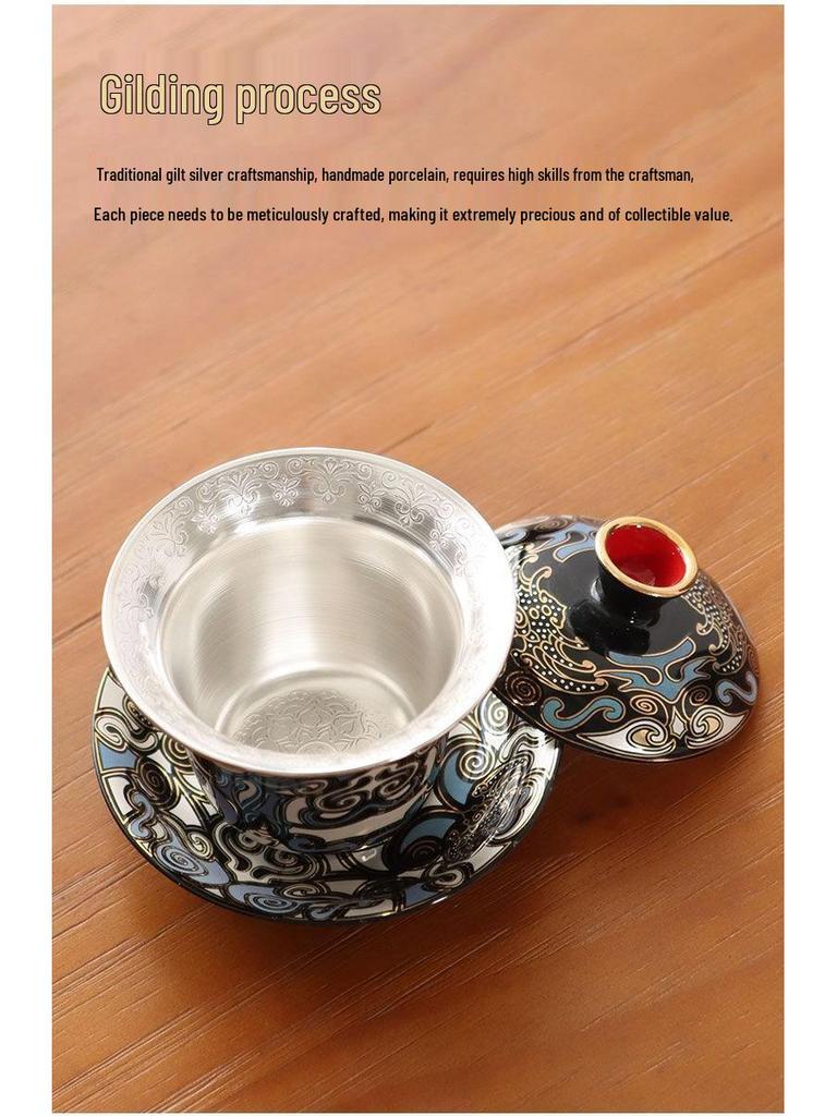 Gold & Silver Inlay Gaiwan Tea Set: Chinese Taotie Teapot with Gilded Teacup & Infuser